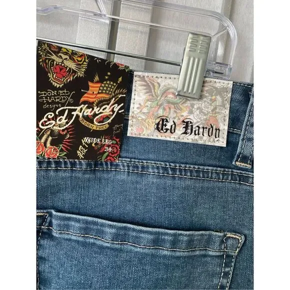 ED HARDY HIGH RISE WIDE LEG EAGLE EMBROIDERED JEANS SZ 34